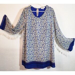 Umgee Dress shift summer Womens Blue Fringe Sleeves Lined Boho Vibrant size Lg